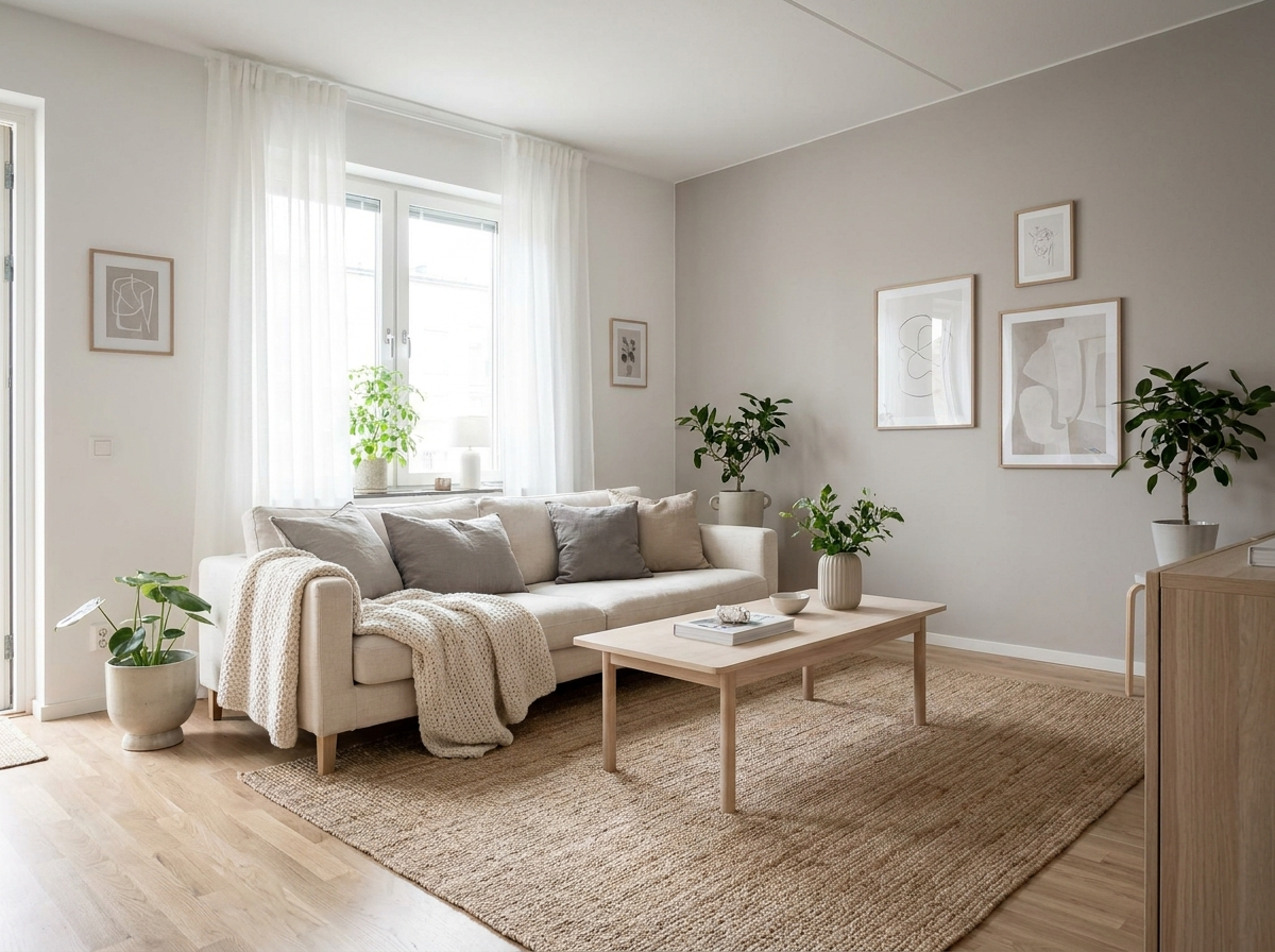 A bright Scandinavian-style living room in a quality student home