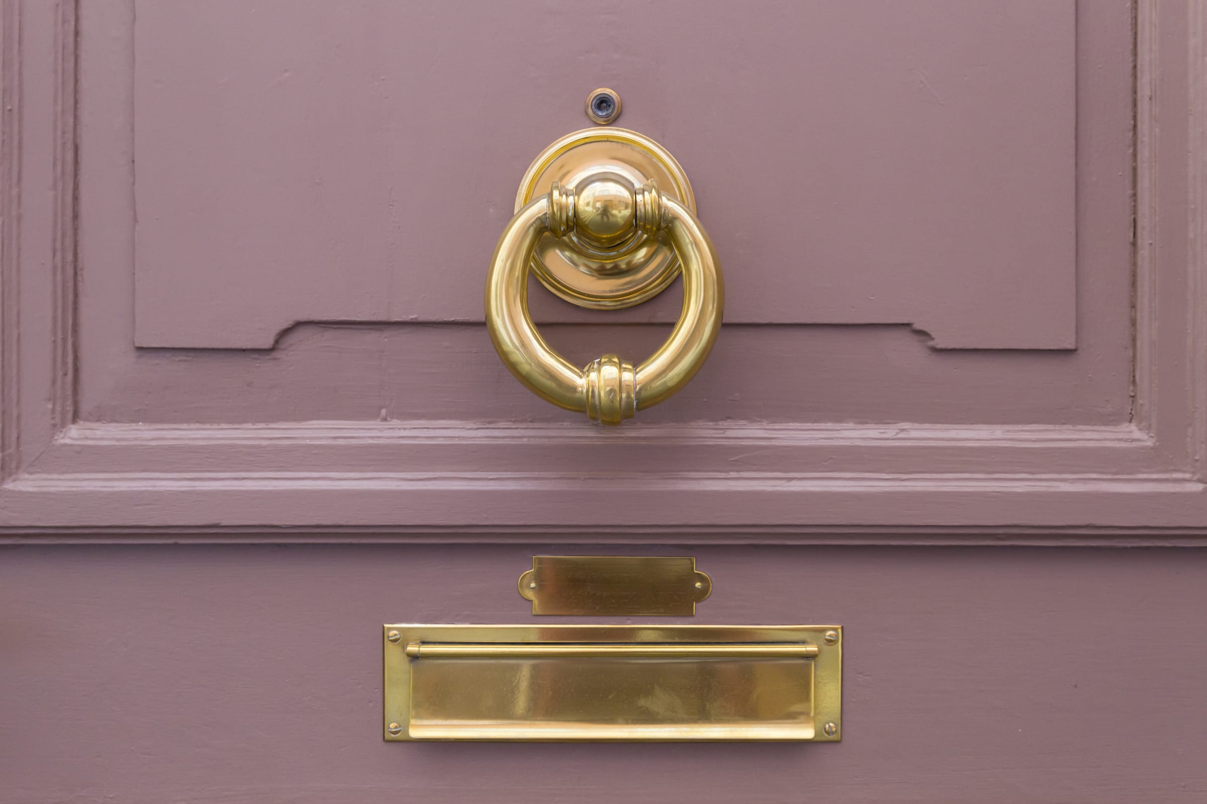 A pink painted front door with brass knocker and letterbox